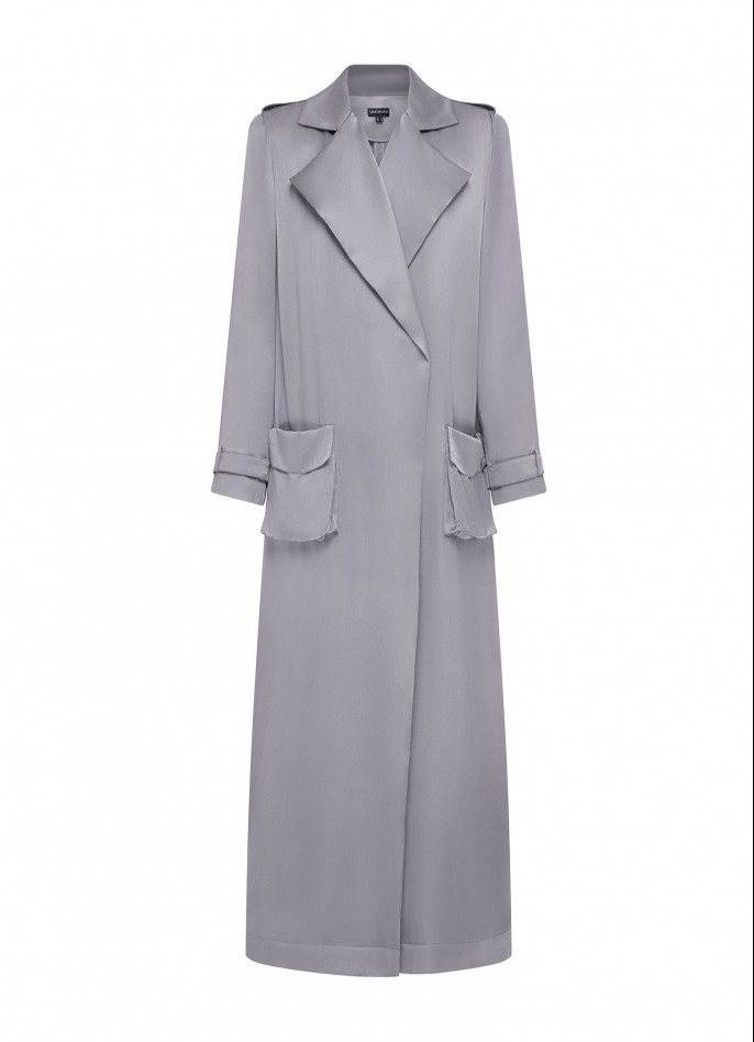 GREY SILK SATIN DUSTER COAT